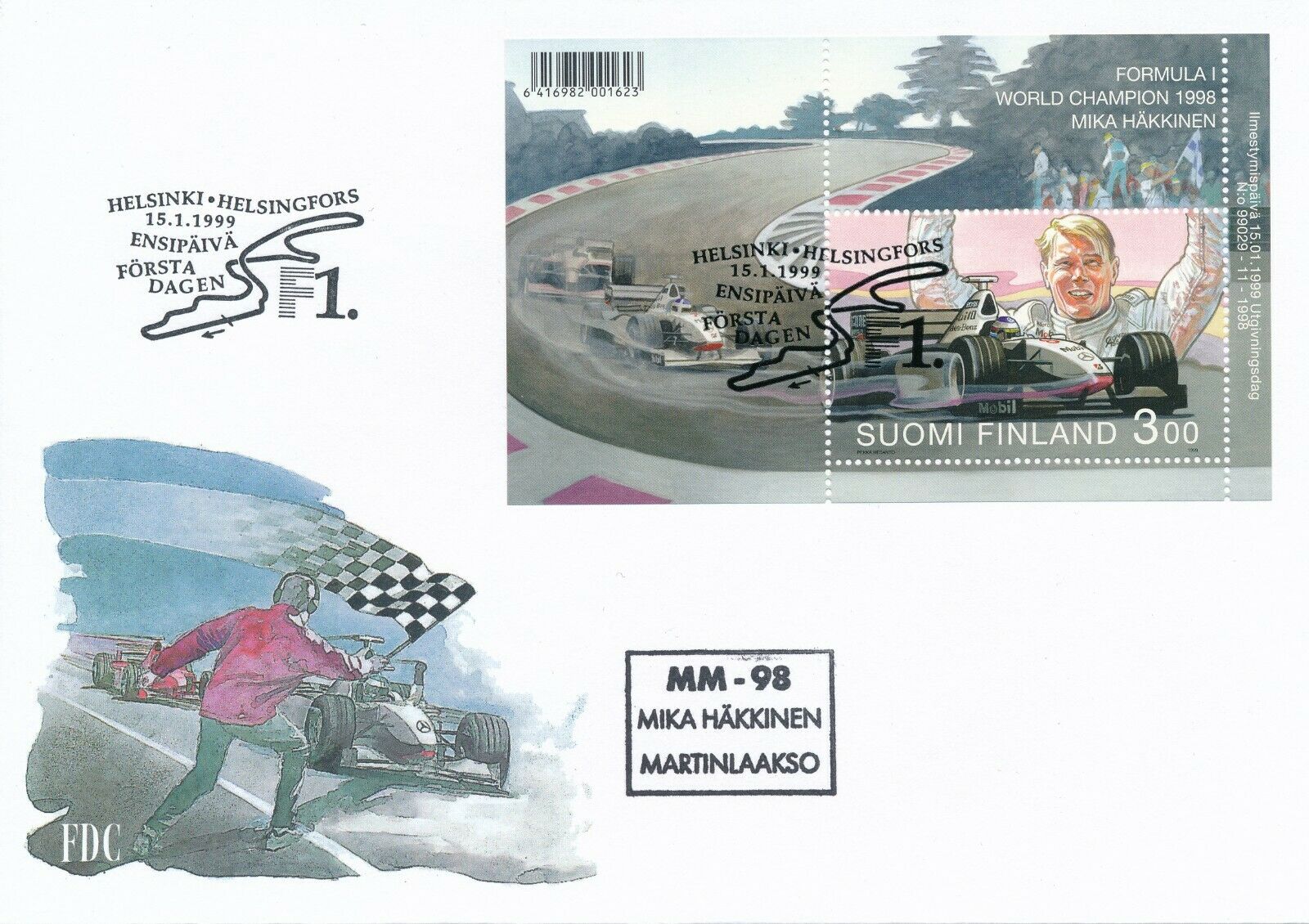 Finland 1999 Fdc - Mika Hakkinen - Formula One Champion 1998 - F1 Mclaren Racing