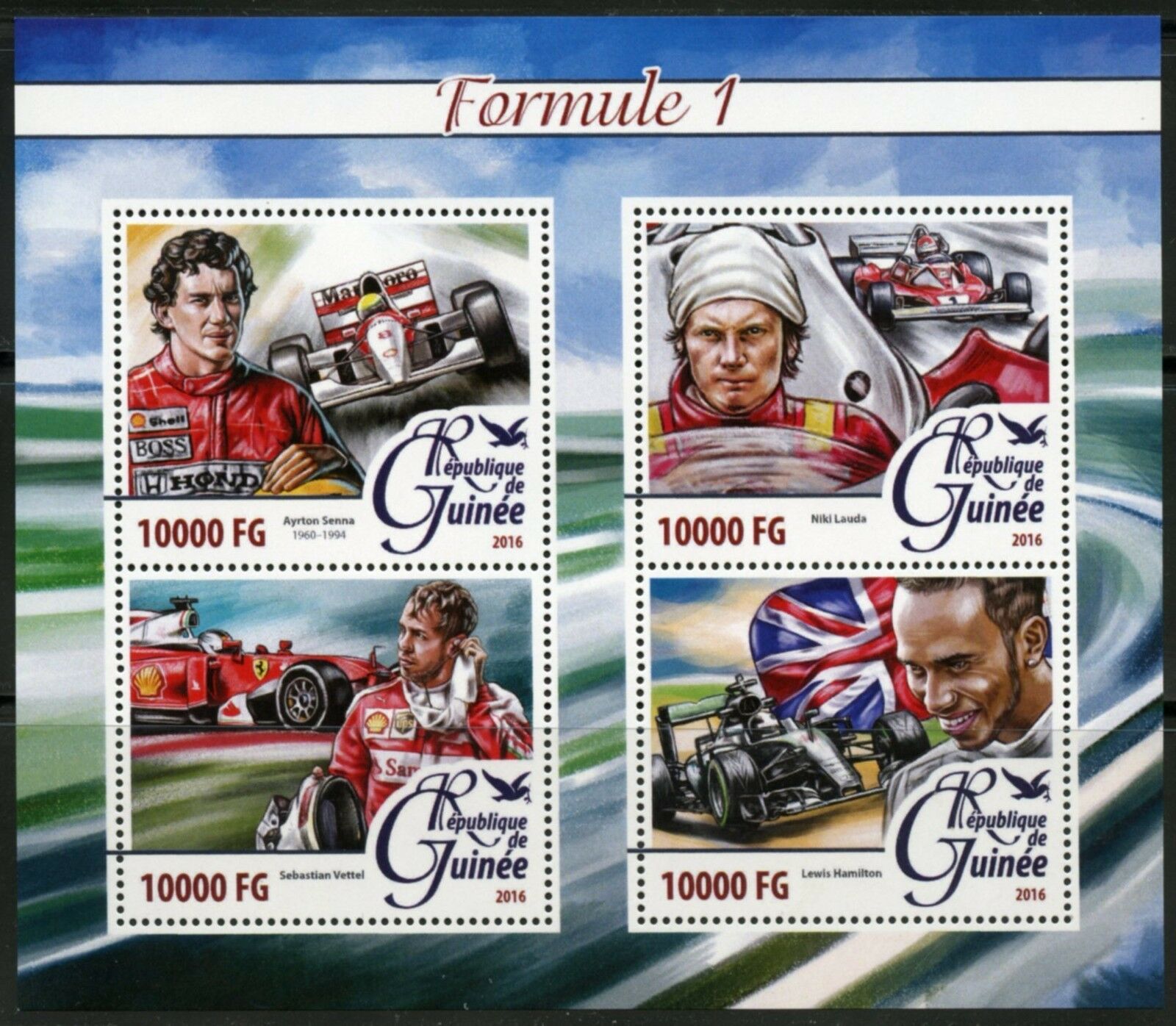 Guinea 2016 Formula 1  Sheet Depicting Senna Lauda Vettel & Hamilton Mint Nh